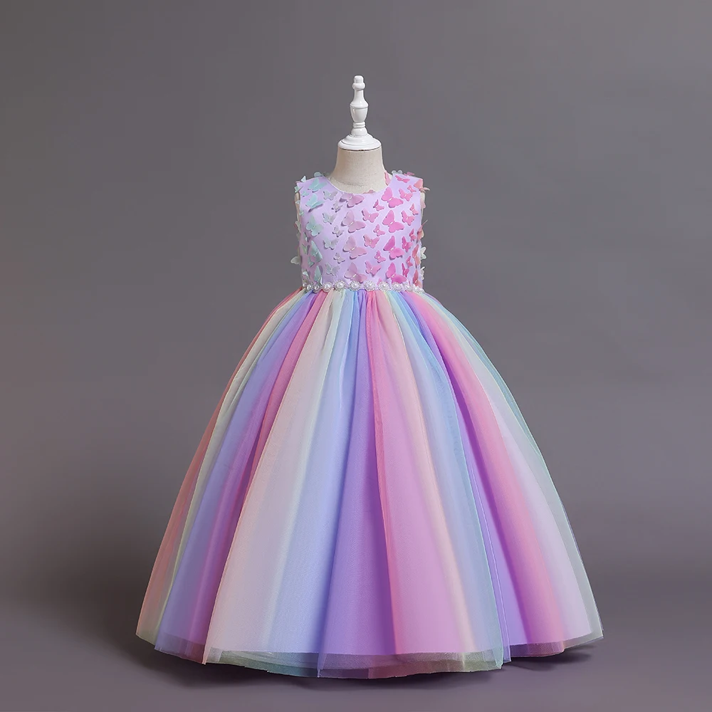 HETISO Flower Girls Dress Butterfly Beading Children Christmas Costume Kids Pageant Party Bridesmaid Princess Ball Gown 10 12Y