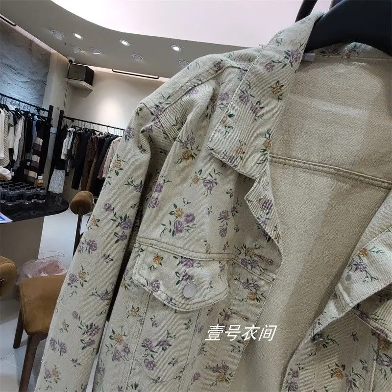 Spring Autumn New Design Lapels Single-Breasted Floral Print Denim Single-Breasted Lapels Loose Joker Temperament Fashion Coat