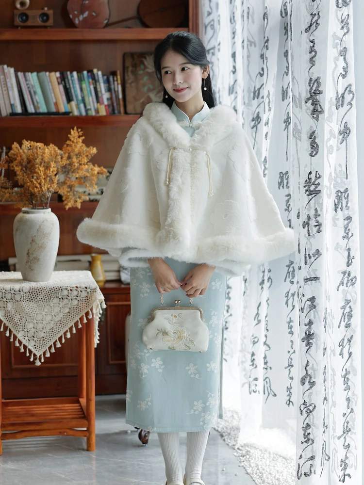 Robe Qipao Traditionnelle Rétro pour Femme, Doublée Polaire, Manches Longues, Taille Cintrée, Longueur Midi, Couleur Bleue, Nouvelle Collection Automne Hiver