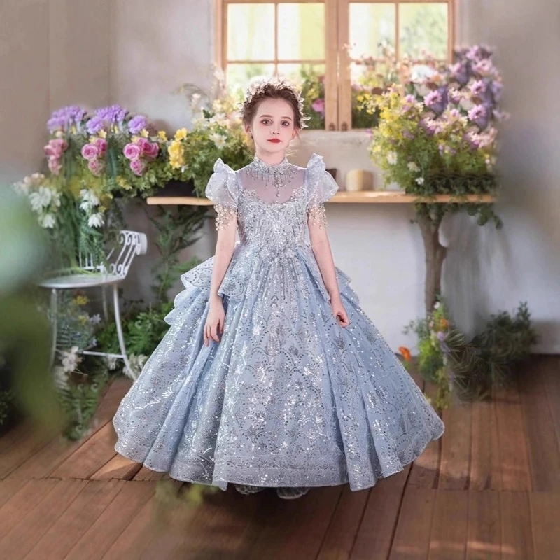Abito lungo di lusso per bambini, ragazze, principessa, compleanno, costume, fiore, ospite, pianoforte, performance, vestito, ragazza, abiti da sposa, bambini