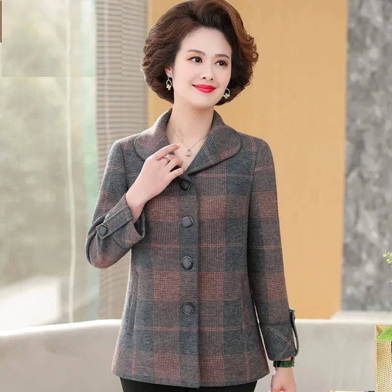 Middle Aged Elderly Women's Woolen Coat Spring Autumn 6XL Large Size Casual Plaid Wool Jacket Mother Fashion Cardigan Tops