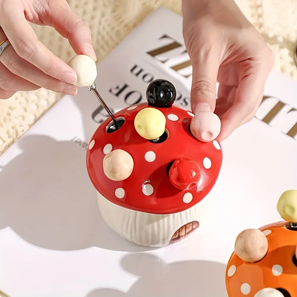 Mushroom Fruit Fork Set 7 Pcs Ceramic Holder with 6 Stainless Steel Forks Cute Mushroom House Dessert Fork for Fruit Cake Party