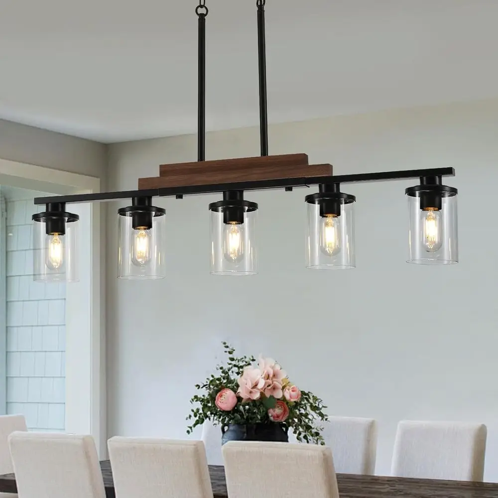 

5-Light Dining Fixture Over Table, Kitchen Island Lighting, Linear Chandelier with Clear Glass Shades, Rustic Wood Chandelier wi