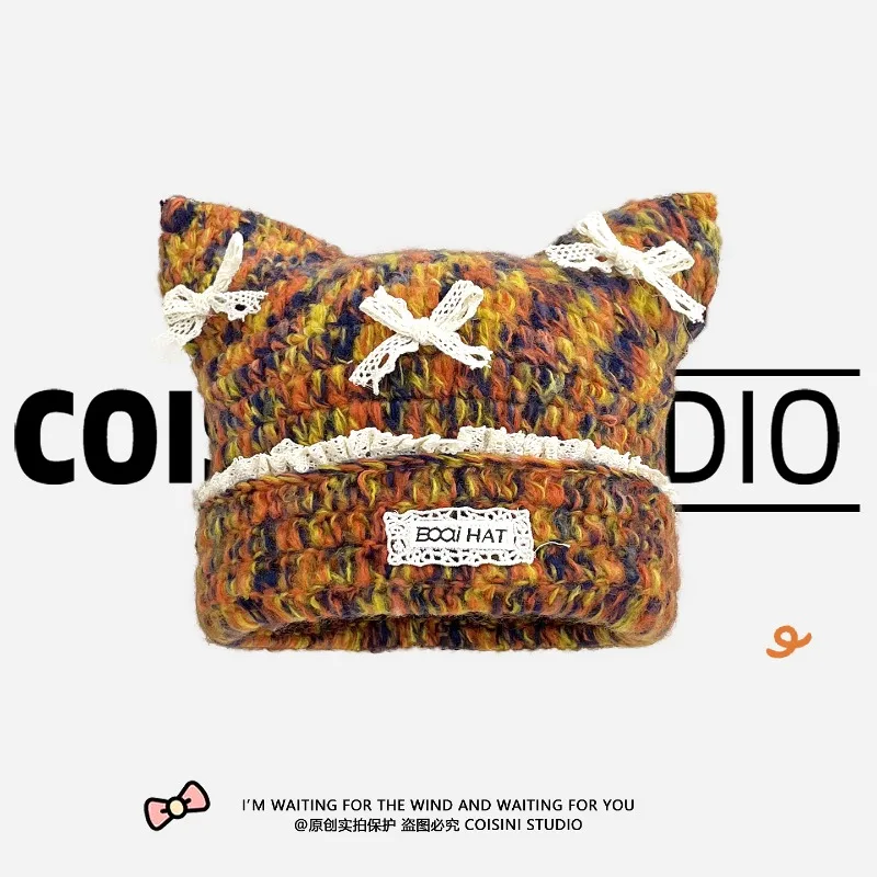 

Ins Cute Lace Bow Cat Ear Beanies Cap Y2K Spring and Autumn Street Personality Versatile Color Knitted Pullover Hats for Women
