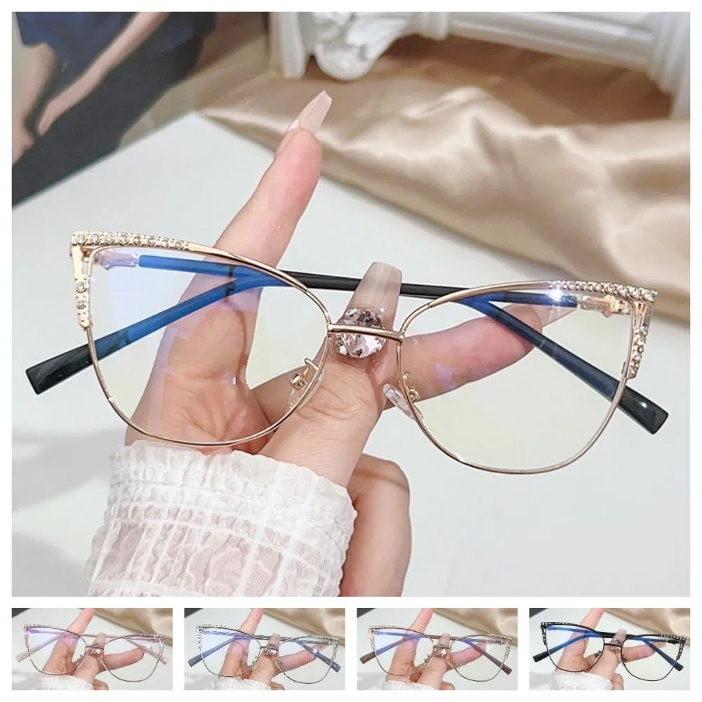 Metal Frame Cat Eye Glasses Ultra Clear Lightweight Anti Blue Light Glasses Transparent rhinestone Studded Reading Glasses