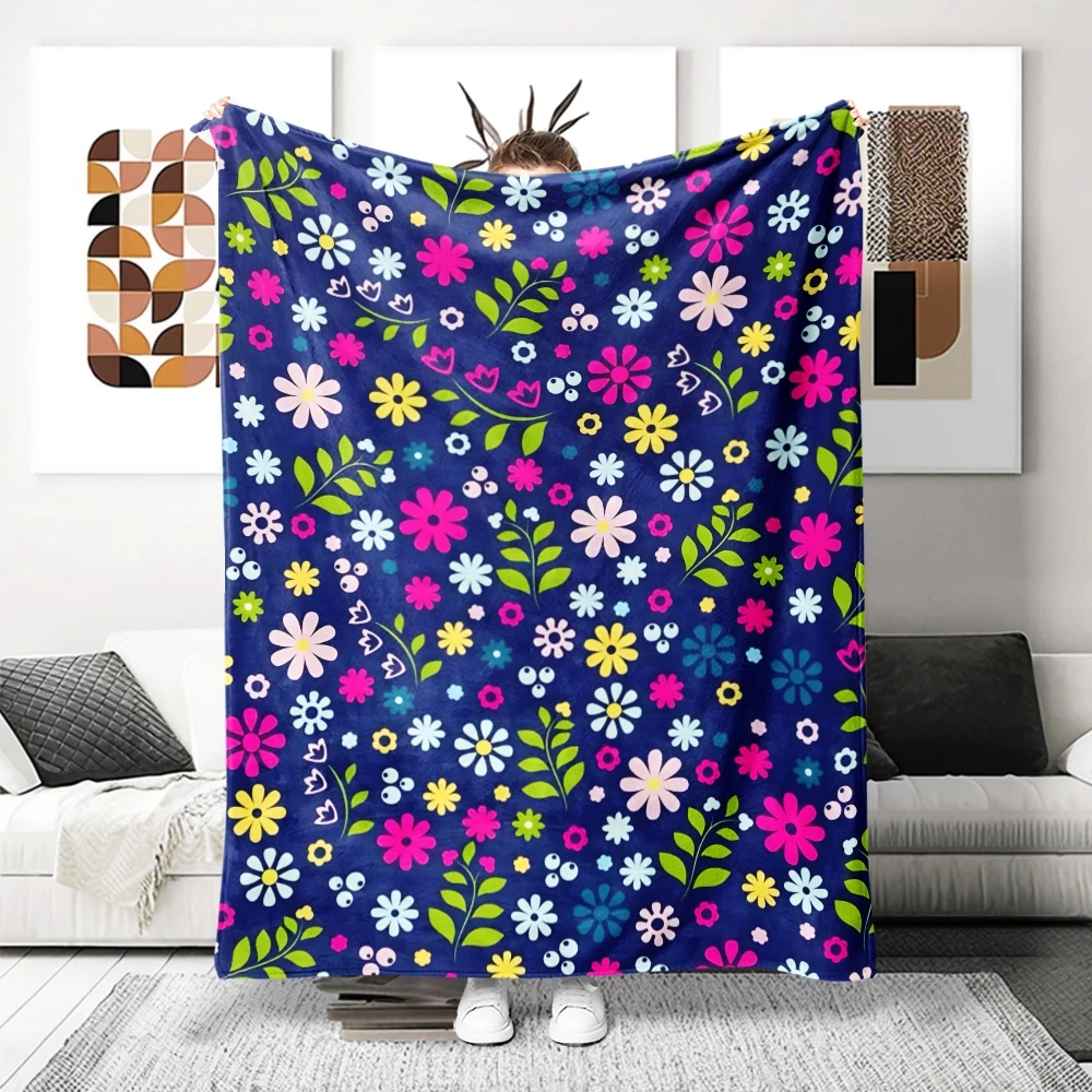 Navy Colorful Tiny Flowers Flannel Blanket Perfect For Sofa Office Bed Travel Sleep Read Relax Camping Four Season Use
