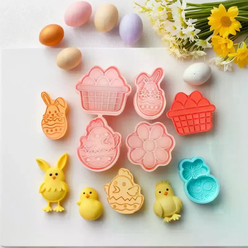 1/4Pcs Easter Rabbit Biscuit Mold Plastic Bunny Egg Cookie Cutter Stamp Embosser Easter Party Fondant Cake Baking Decoration