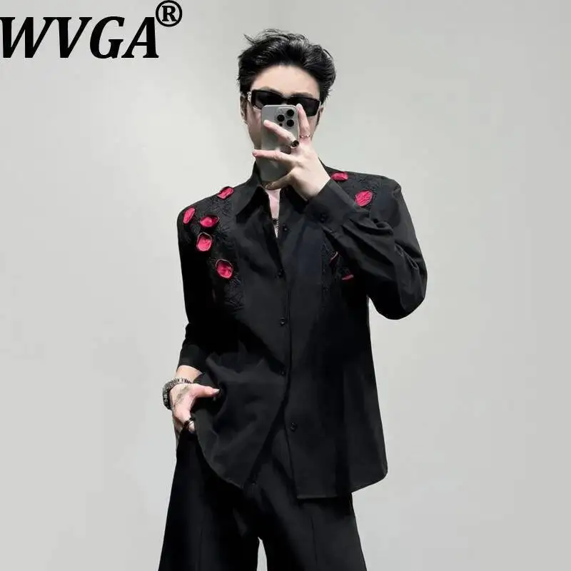 

WVGA Spring New Men Luxury Minimalist Style Long-Sleeve Shirt Three-Dimensional Floral Petal Decoration Loose Fit Top Ins W24075