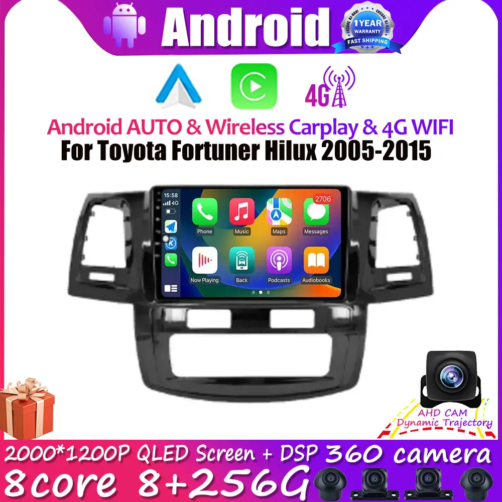 

For Toyota Fortuner Hilux 2005-2015 9" Android 14 Car Radio GPS Navigation BT Multimedia Video Player Carplay