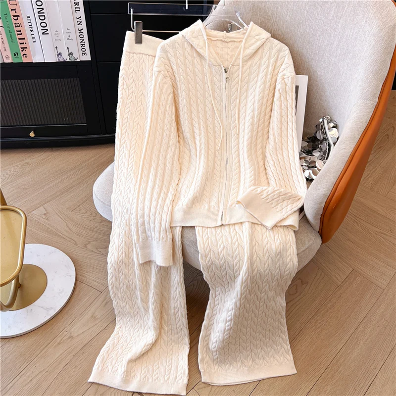 

Свитер, теплый костюм для женщин, зимние вязаные костюмы, комплект из 2 предметов, однотонная водолазка, свитер + свободные брюки, офисный женский костюм