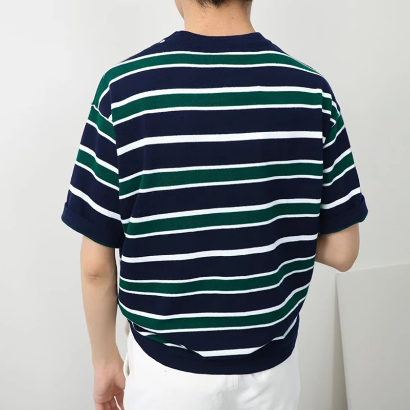 New Short Sleeve Knit Striped T-shirts For Men Casual Cotton Base Shirt 2024 Summer Oversized Y2K Tee Tops Streetwear Clothes