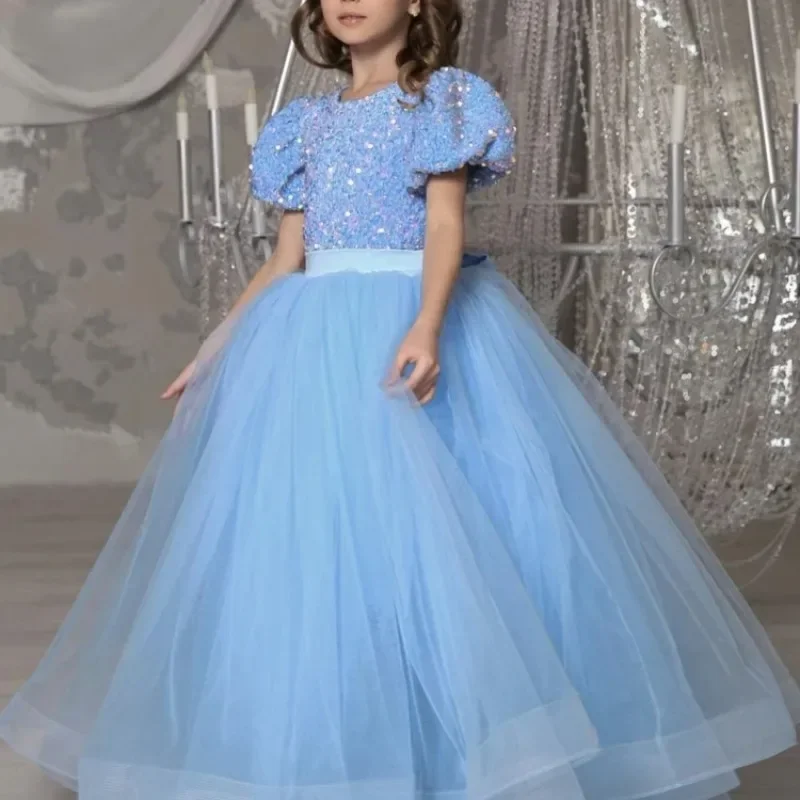 

Flower Girl Dress Sequin Top Tulle Puffy Skirt With Bow Little Girl Wedding Birthday Party First Communion Holiday Dress