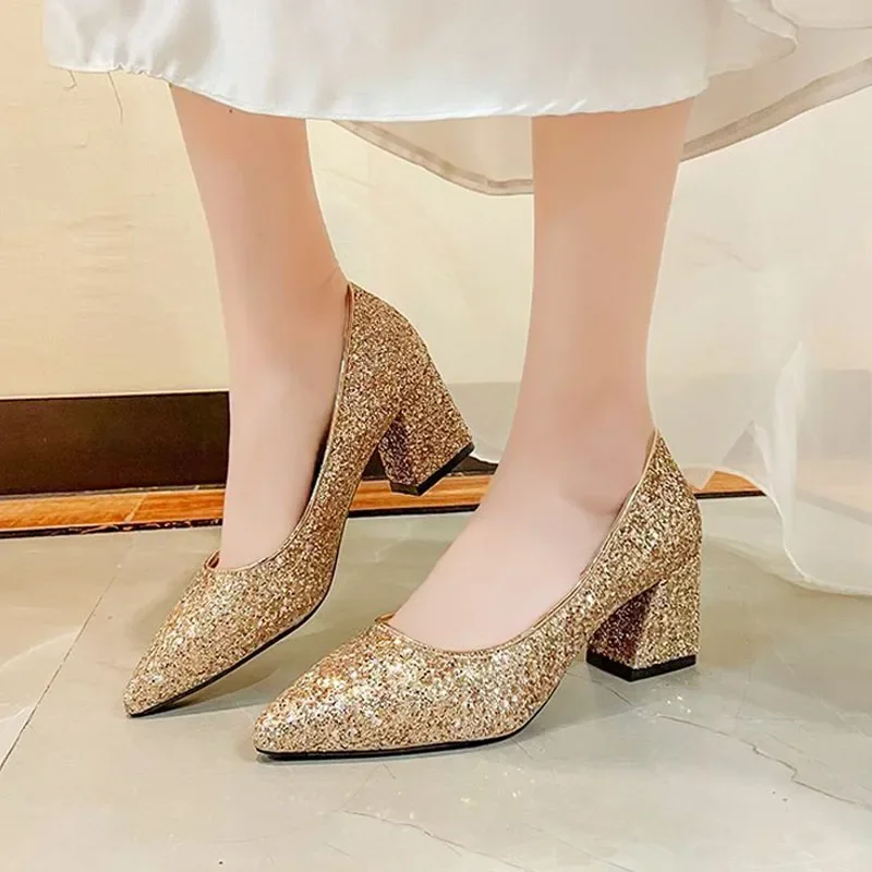 Women's High Heels Comfortable Block Heel Pumps Elegant Pointed Toe Dress Shoes Luxury Sequins Bridal Wedding Shoes Party Heels