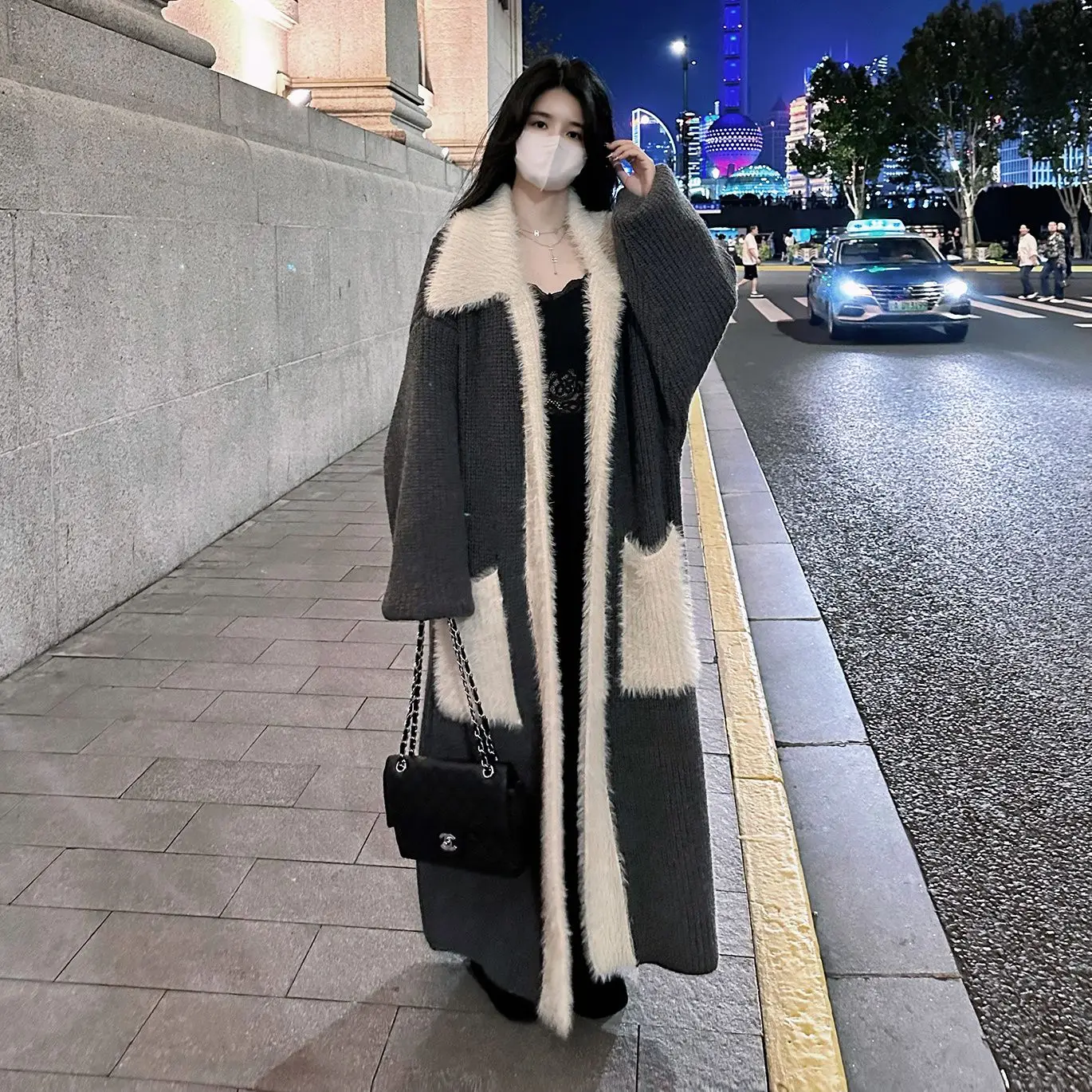 Fur Collar Over-The-Knee Long Patchwork Knitted Sweater Cardigan Women Autumn Winter New Loose Niche Design Long-Sleeved Top