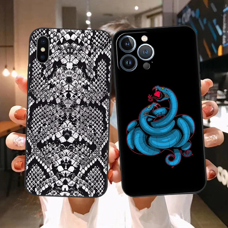 Soft Phone Cases For iPhone 14 15Pro 13 Pro Max 12 11 Mini 7 8 15 6 6S Plus SE XS XR X Snake Skin Print Black Matte Cover