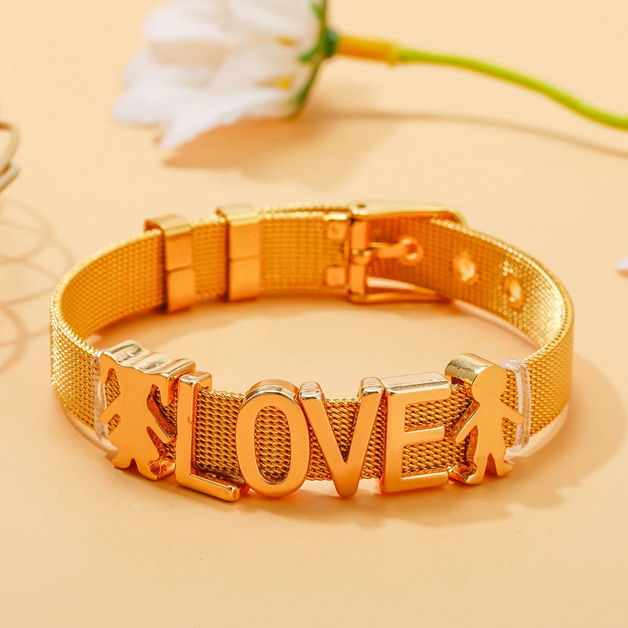 DINGLLY Gold Color Boy LOVE Girls Beads Stainless Steel Mesh Bracelets For Women Original Word Charm Bangle Gift