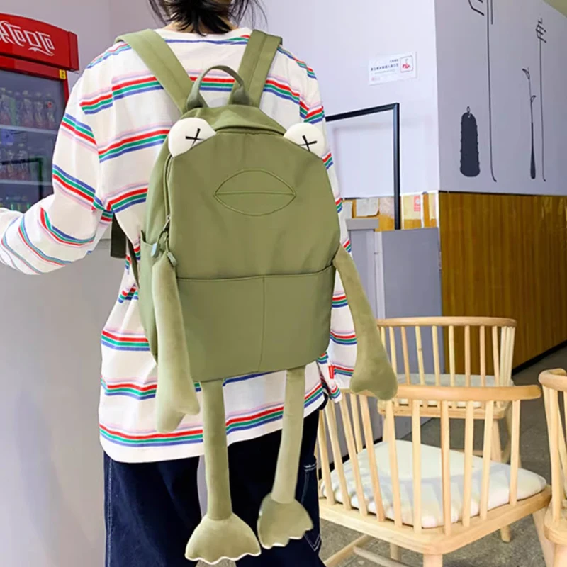 Cartoon Frog Shape Backpacks Women Canvas Green Large Capacity Shoulder Bag Female Girl Students Fashion Cute Sweet School Bag