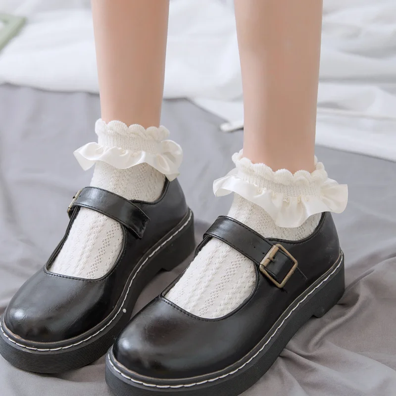 Woman Socks Solid Black White Lolita Lacework Ruffle Socks Summer Thin Japanese Style Kawaii Sweet Girls Cute Short Socks Women