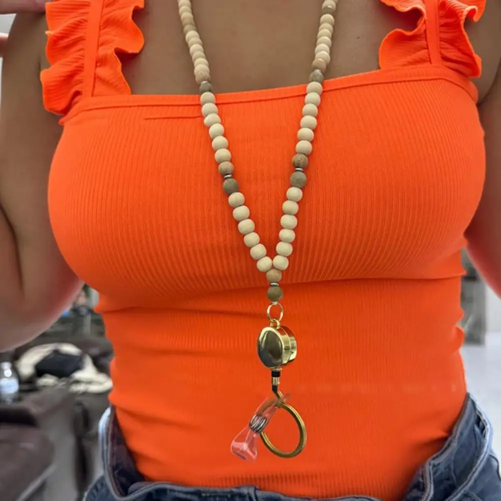 เชือกเส้นเล็กพวงกุญแจลูกปัดไม้ เชือกลูกปัดไม้ธรรมชาติที่หรูหราพร้อมที่ใส่รหัสแบบพับเก็บได้ เข็มกลัดสแตนเลส ครูมีสไตล์