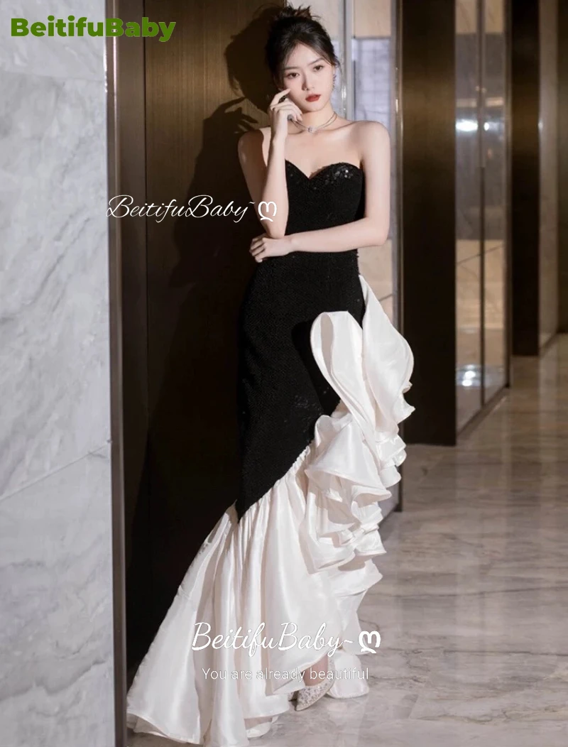 

BeitifuBaby French Style Evening Dresses for Women Elegant Strapless Sequins Ruffles Sleeveless Banquet Formal Dress Vestidos