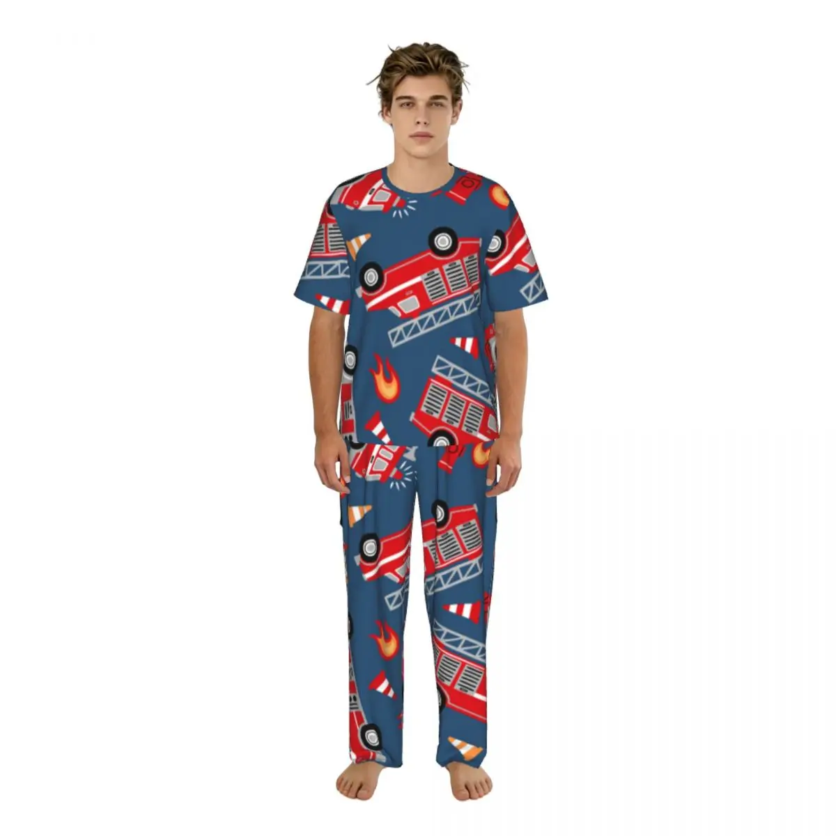 

Men's Pajamas Set Summer Short-Sleeve Tops + Long Pants Nightwear Home Wear Suits Hand Drawn Fire Trucks Sleepwear
