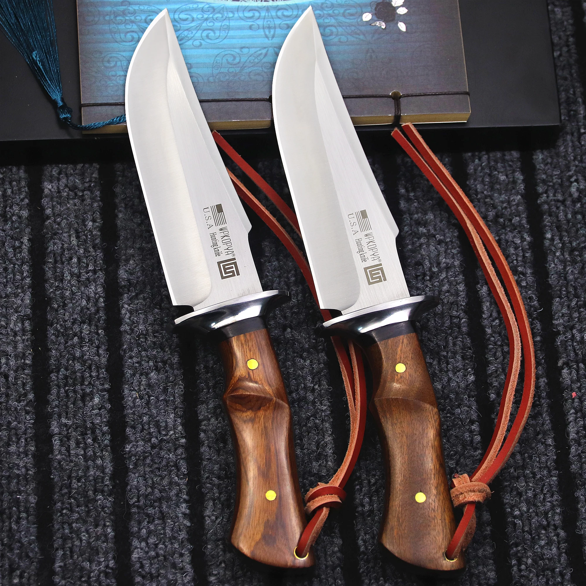 WPKOPYA USA D2 Steel Hunting Full Tang Straight Knife + Sheath, Outdoor Tactical Straight Knife, EDC Knife, Survival Knife