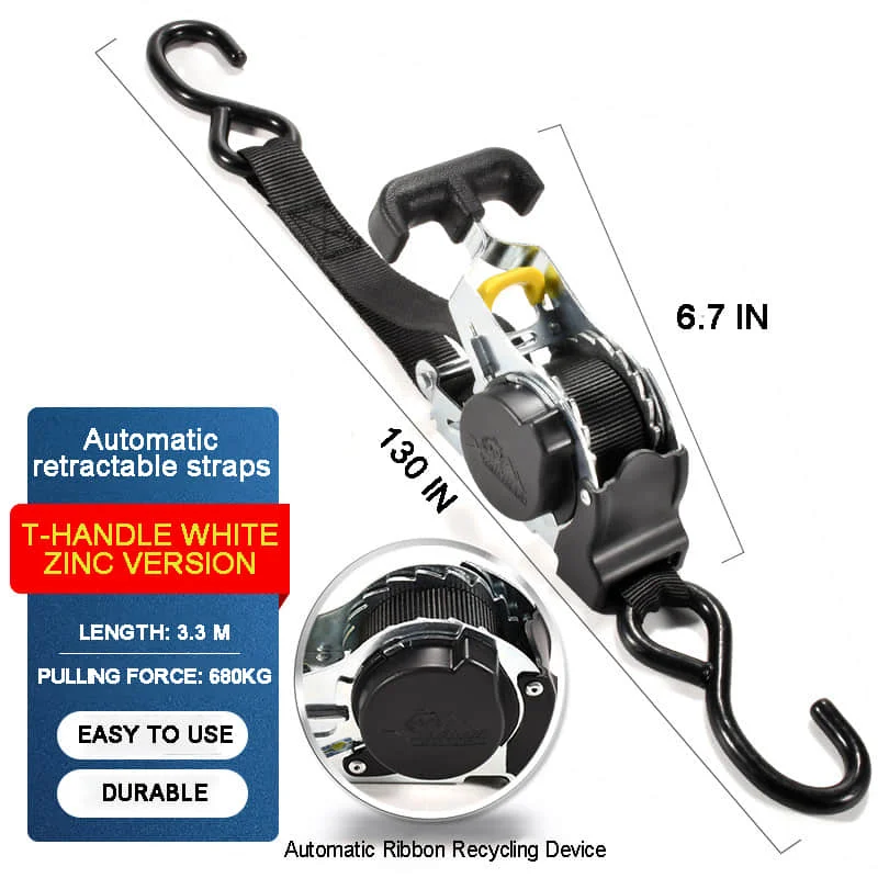 Cargo Auto Retractable Ratchet Tie Down - Black Electroplated, White Zinc T-Handle - Effortless Retraction, Tidy, Long-Lasting