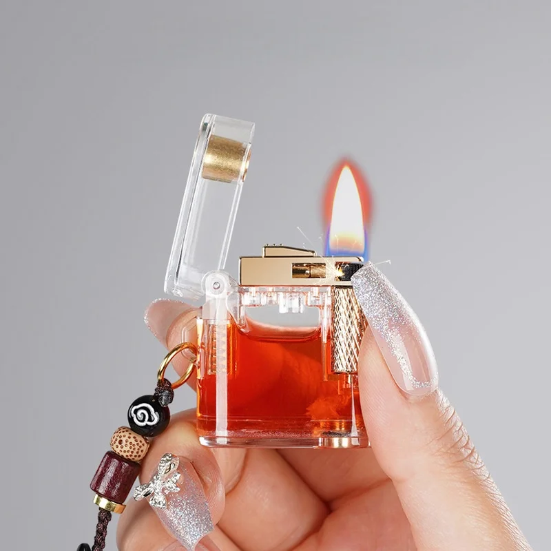 Trendy Aesthetic See-Through Lighter, Gold & Clear Design, Refillable Butane with Decorative Bead Pendant Trendy Smokers