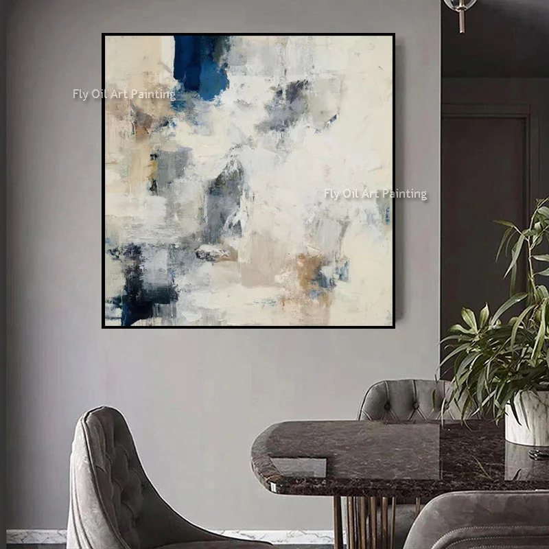 Handmade Canvas Wall Art Modern Heavy Impasto Textured Oil Painting Teal Gold Abstract Large Square Wall Decor For Living Room