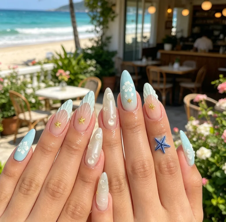 Long Almond Mint Blue Ocean Beach Press On Nails Mermaid Fake Nail Tips With 3D Plumeria Flower, Gold Starfish, Pearl & Blue Starfish Metal Charms Summer Seaside Vacation Manicure For Women