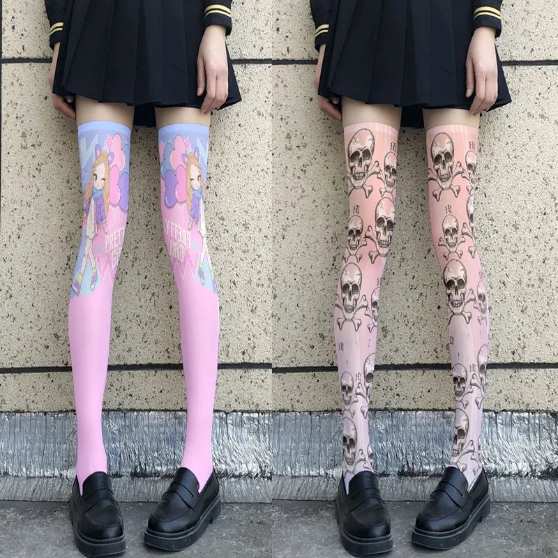 

Printed Silk Stockings Thin Women's Spring and Autumn Japanese Lolita Cute Anime Knee Length Skeleton Dark Velvet Socks