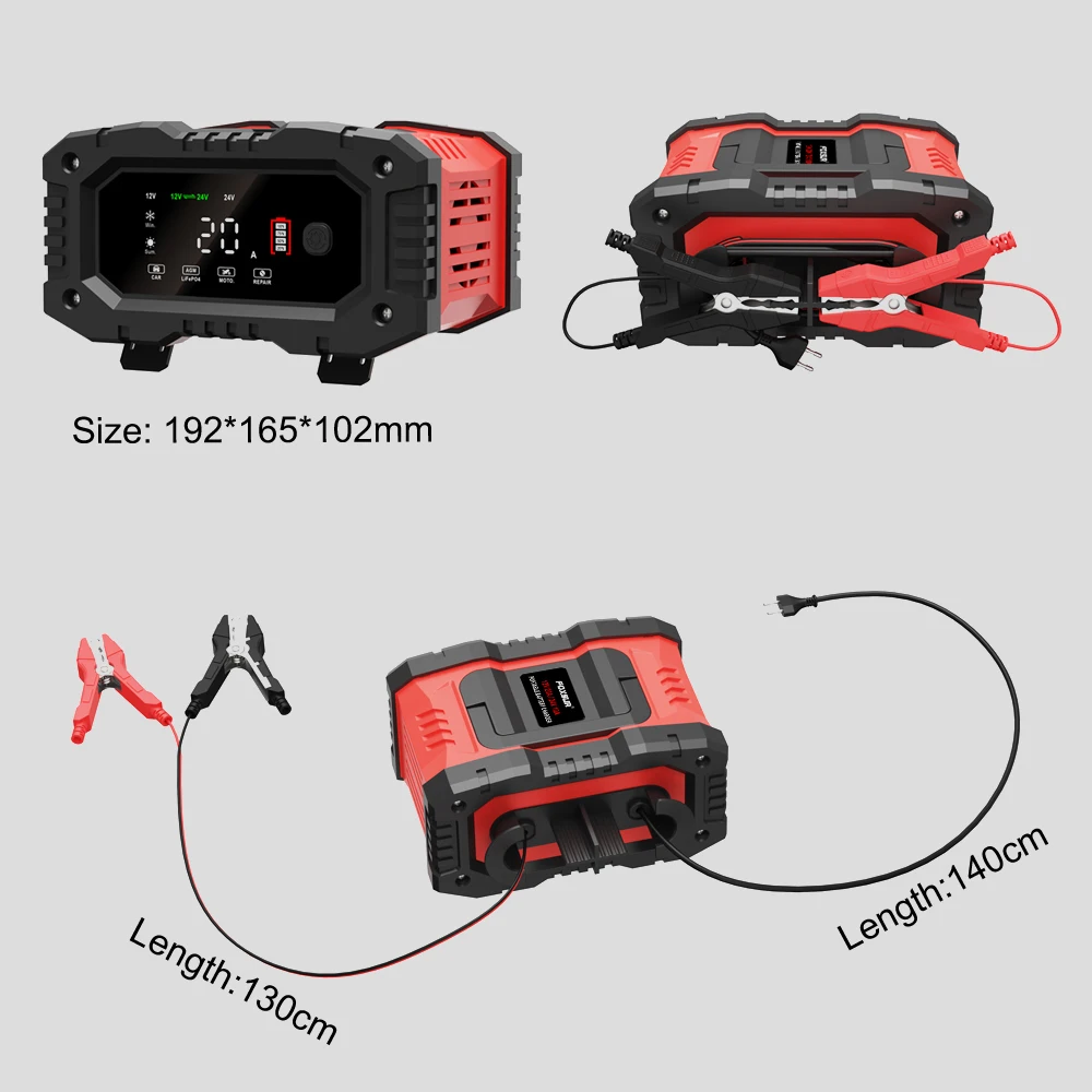 FOXSUR Portable 20A 12V-24V Smart Battery Charger for Motorcycle Car Battery Repair Auto Moto Lead Acid AGM GEL PB  LiFePo4 Batt