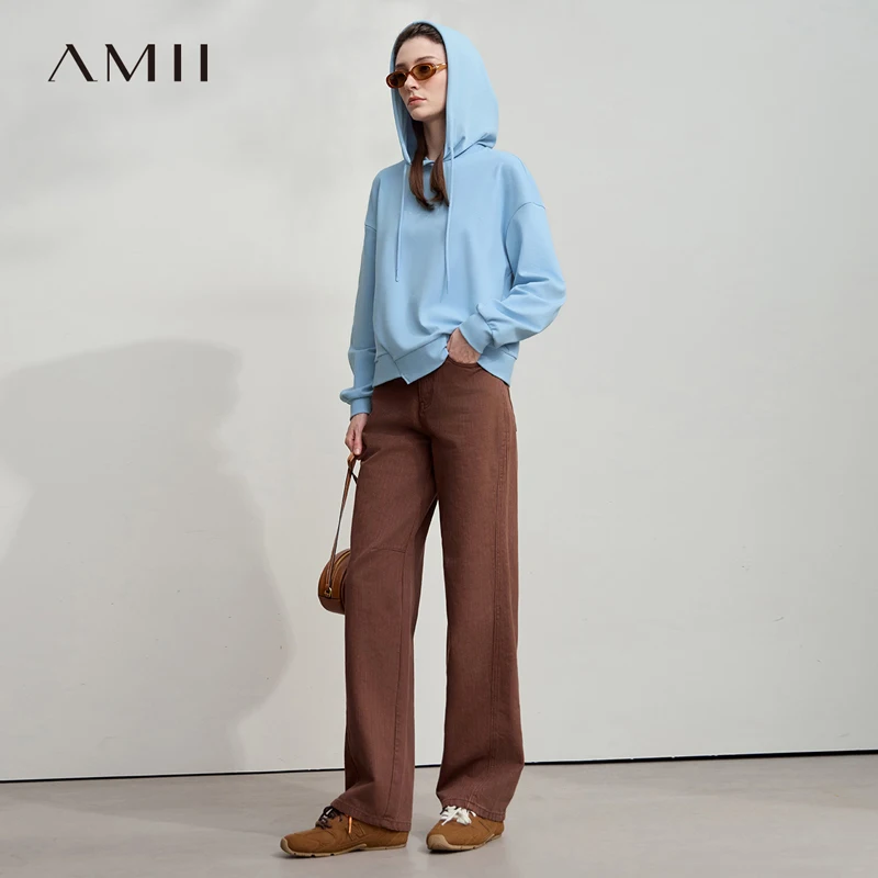 AMII Minimalistischer Damen-Kapuzenpullover aus Baumwolle, 2025, Herbst, Streetwear, Sweatshirts, Buchstaben-Stickerei, lose Hoodies, lässiger Pullover 12543134