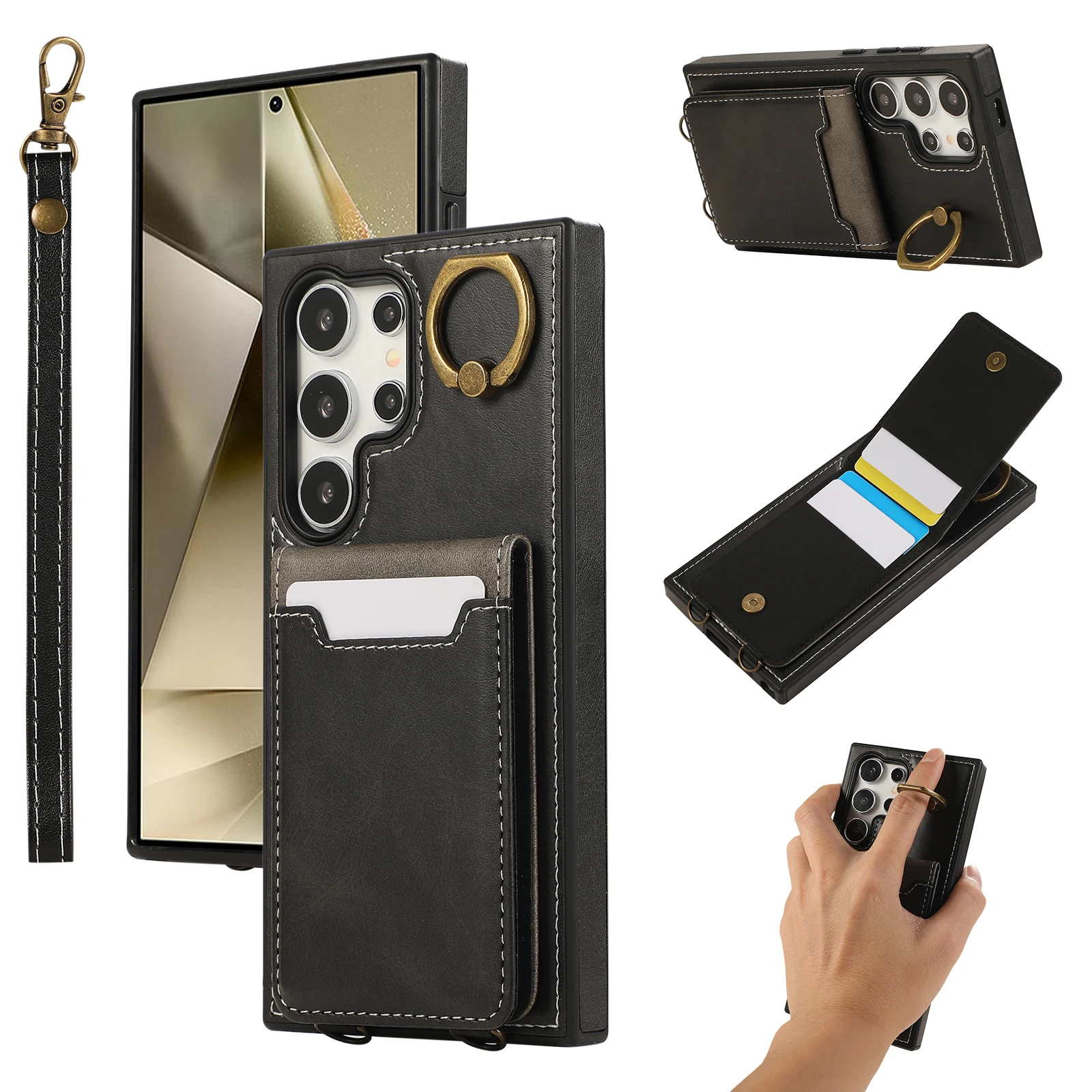 

Shockproof Leather Flip Card Holder Wallet Case for Samsung Galaxy S24 Ultra S23 S22 S21 FE, Metal Ring Kickstand Cover Lanyard