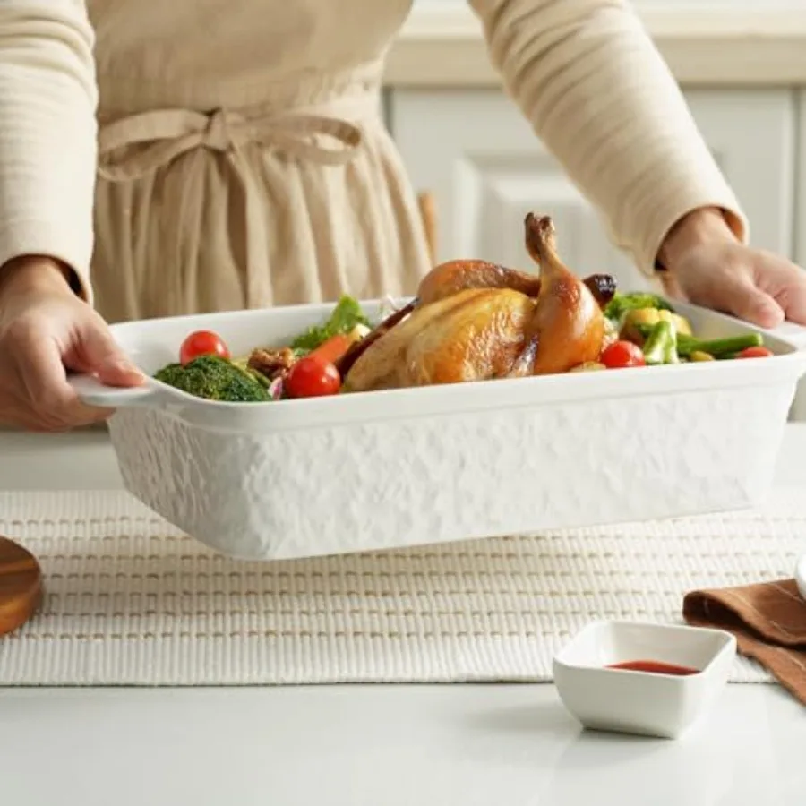 Cazuela rectangular grande de 4,2 cuartos para horno, bandeja para hornear de porcelana de 9x13 pulgadas de profundidad con asas, duradera y resistente al calor