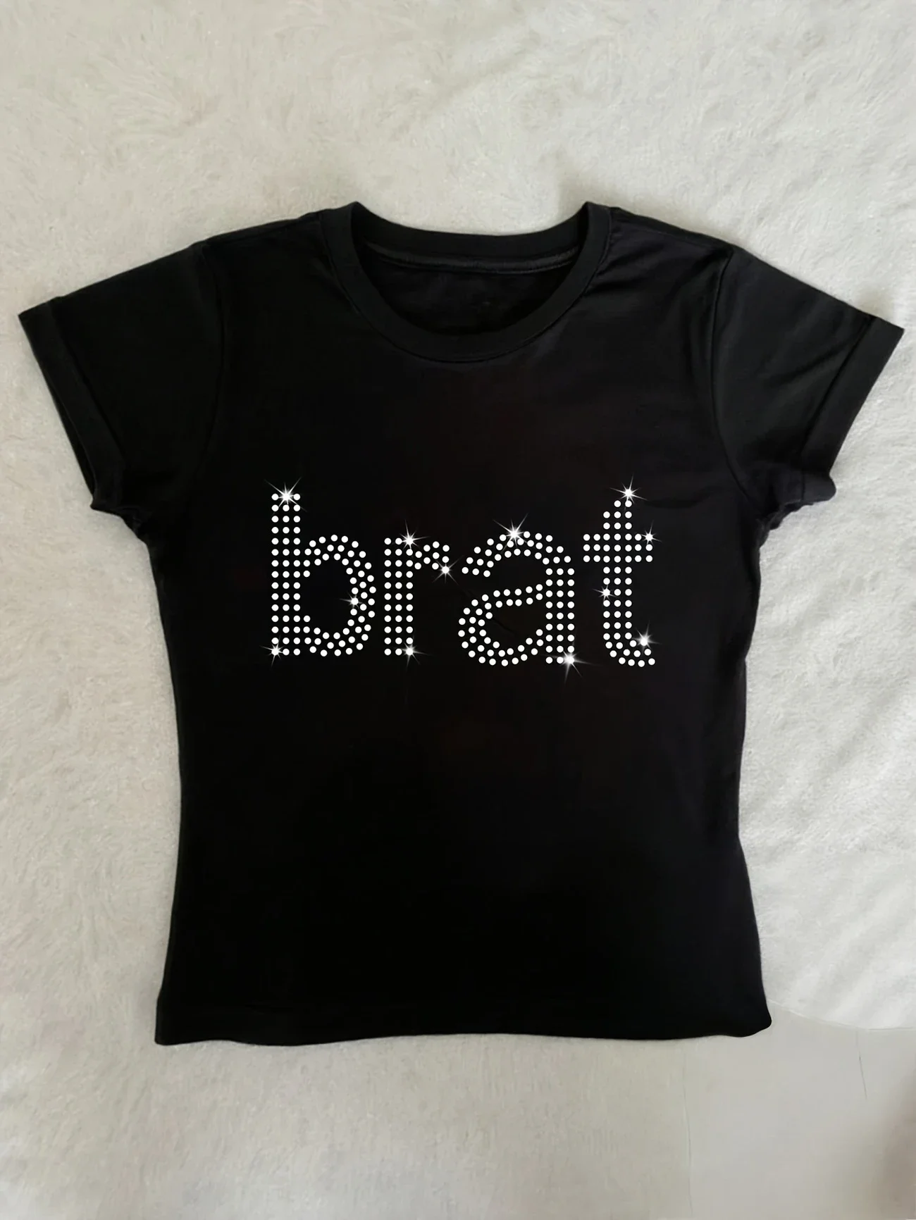

Plus - Size Women's Black Short - Sleeve T - shirt, Sparkling “brat” Rhinestone Design, Comfort - first Fabric