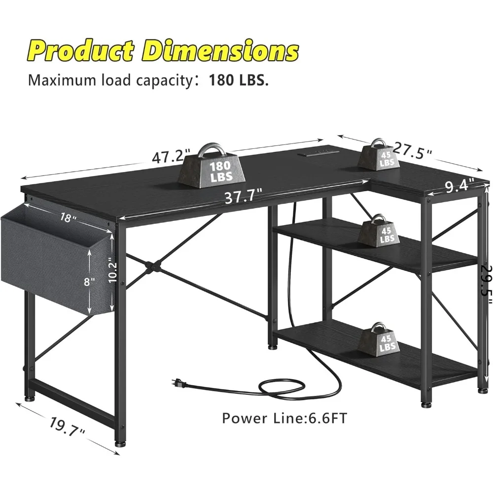 48 Inch L Shaped Desk with Storage Shelves & Side Bag, Computer Desk with Power Outlets, Reversible Corner desks