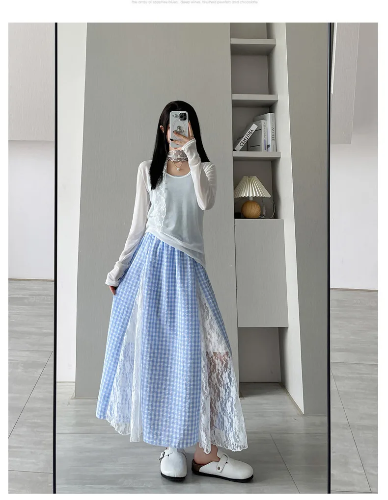 Spring and summer hot-selling fashionable versatile new blue and white checkered lace women's A-line slimming half skirt