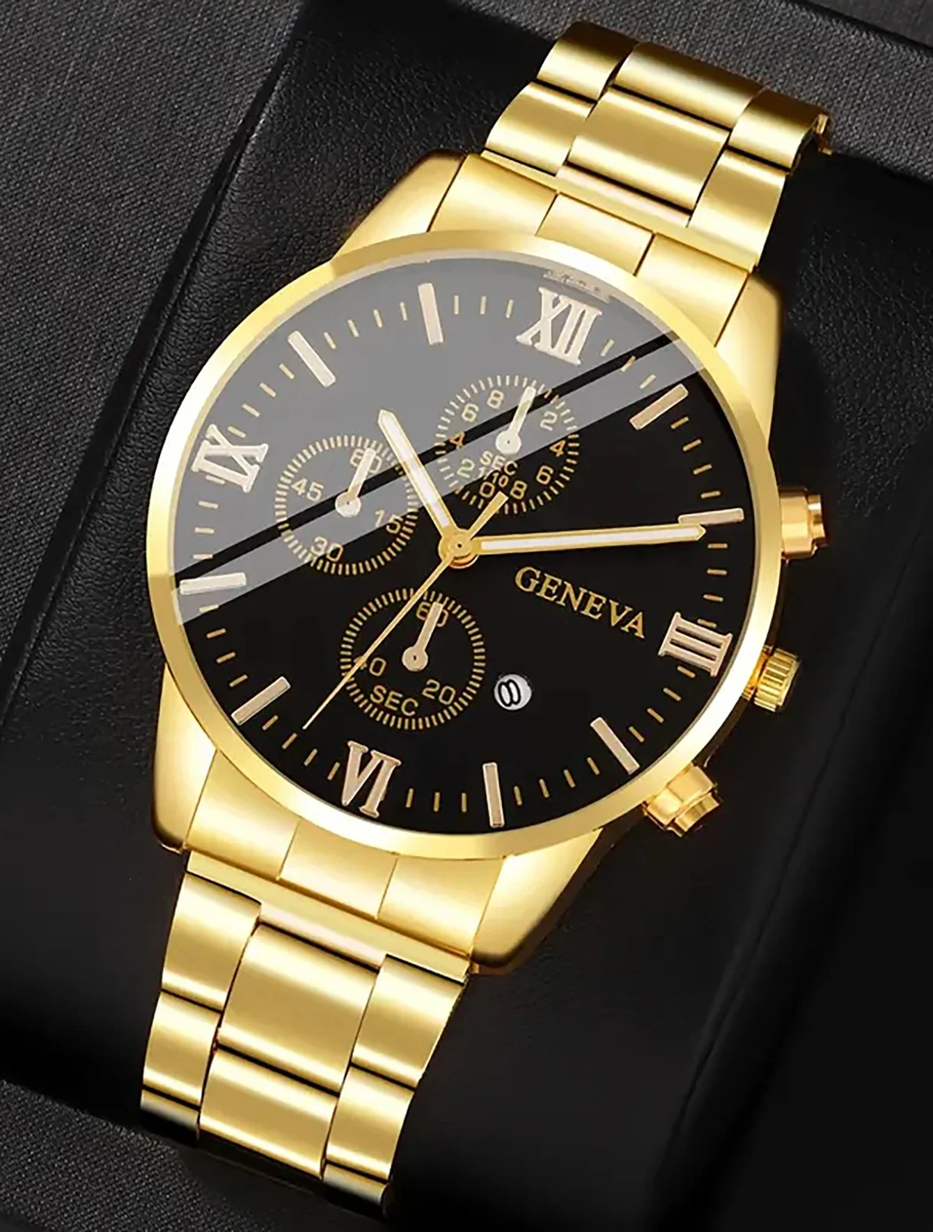 Orologio al quarzo da uomo in lega stile business classico 3 pezzi con bracciale cubano collana croce set calendario braccialetto regalo di compleanno