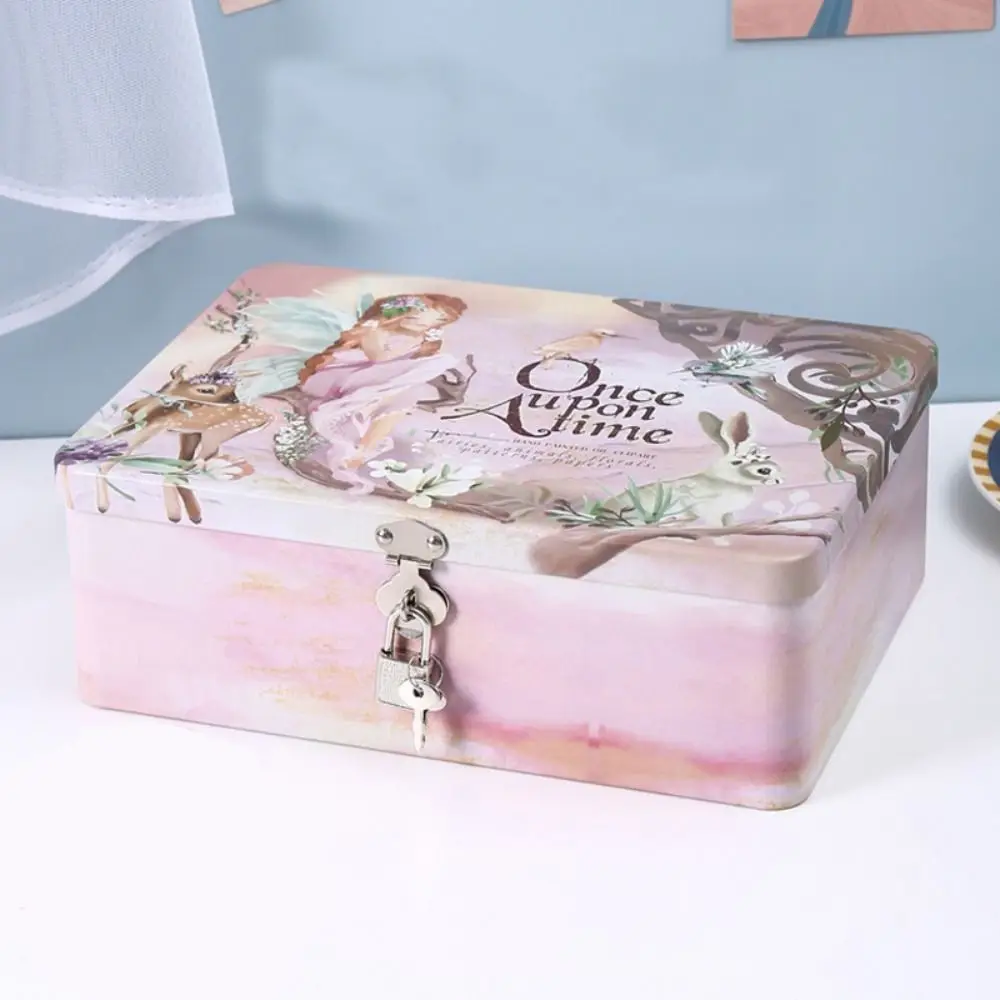 Large Capacity Tinplate Box with Lock Key Desktop Storage Case Metal Box Jewelry Storage Empty Box Sundries Storage Container