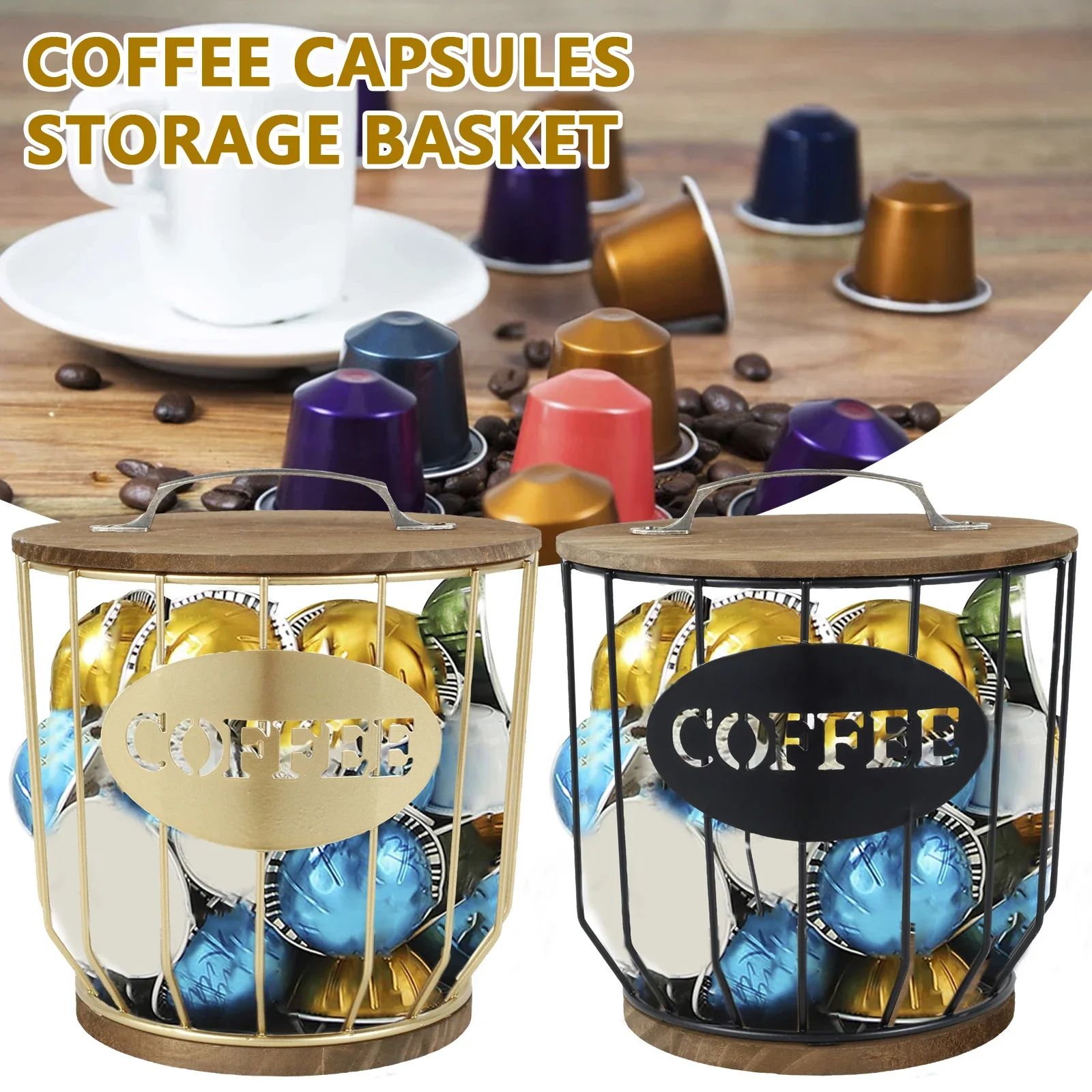 

Vintage Coffee Capsule Storage Basket with Wooden Base Large Capacity Reusable Household Coffee Pod Organizer Holder New