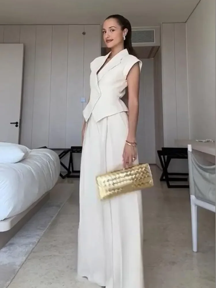 

Ladies Cinched Waist Pants Set Casual Lapel Sleeveless Top Elegant Straight Leg Suits Comfortable Daily Work Outfit 2025 Fashion