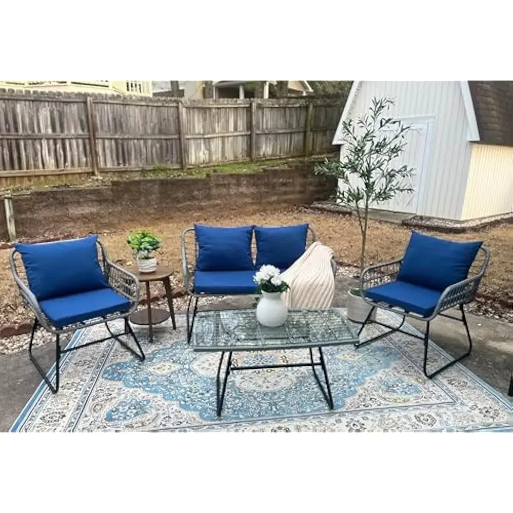 

4-Piece Patio Furniture Set, Wicker Outdoor Bistro Set, All Weather Rattan Conversation Set w/Soft Cushions and Glass Side Table