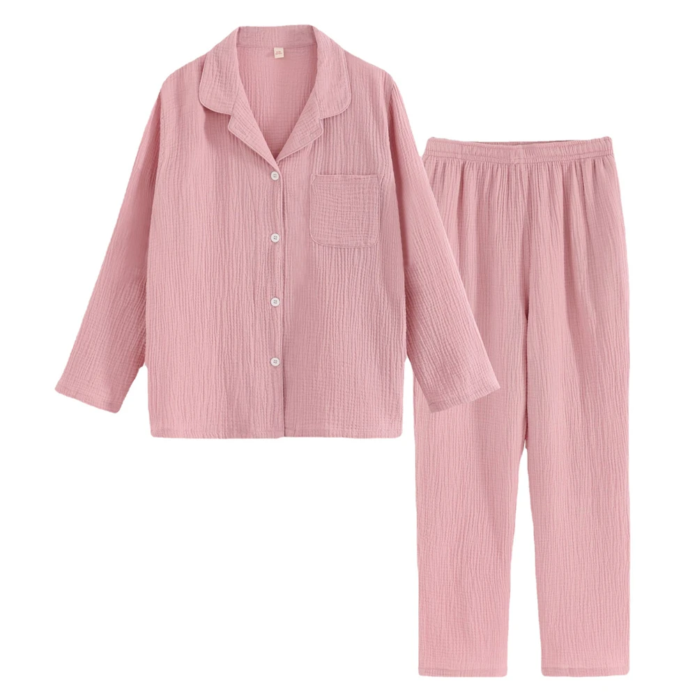 Women's Spring Autumn Cotton Crepe Long-sleeved Pajamas Ladies New Two-piece Sleepwear Suit Long Loose Casual Thin Homewear Set