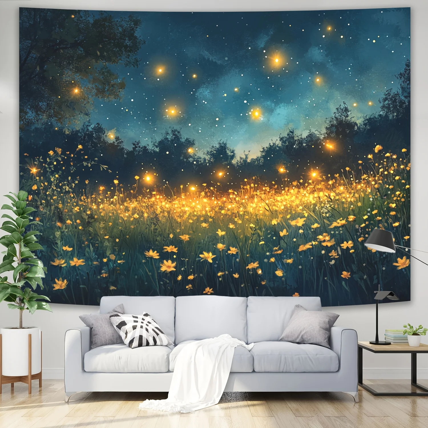 1pc Whimsical Firefly Night Sky Tapestry - Vibrant Summer Grassland Scene with Glowing Fireflies, Stars, and Moonlight, Polyeste