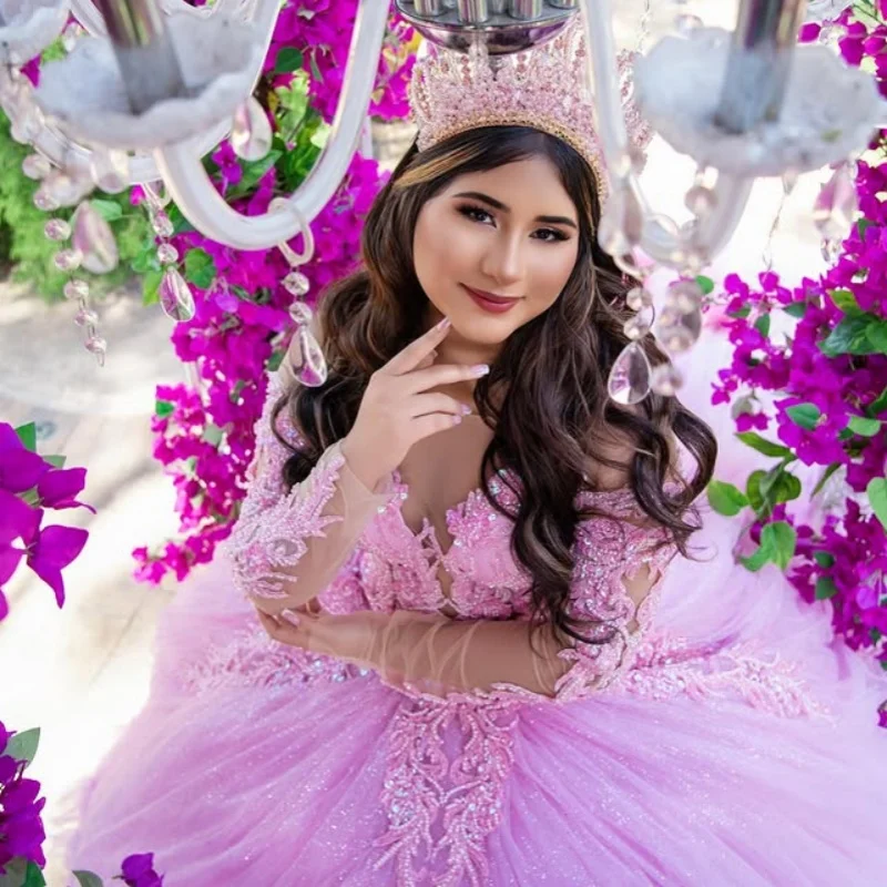 

Customized Shiny Pink Quinceanera Dresses Off the Shoulder Sequin Lace layered ruffles Long tail Vestido De 15 Quinceanera