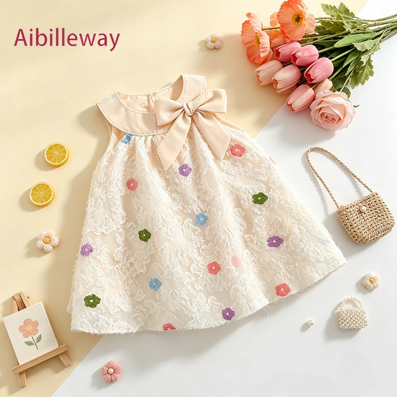Fashionable Toddler Girl Baby Sleeveless A-line Dress Colorful Dot Floral Bow Summer Daily Costume 0-3 Y Children Casual Outfit