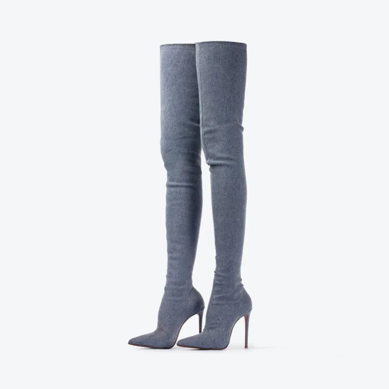 Arden Furtado 2024  blue denim Strech boots Thigh high boots Pointed toe Slip-on Stiletto heels high heel over the knee boots 41