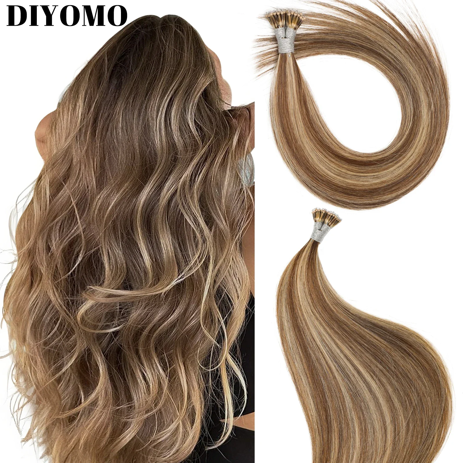 diyomo-ストレートナノリング人毛エクステンション-50-グラムブラジル人毛レミーヘアエクステンションマイクロリンクカプセルケラチン融合毛
