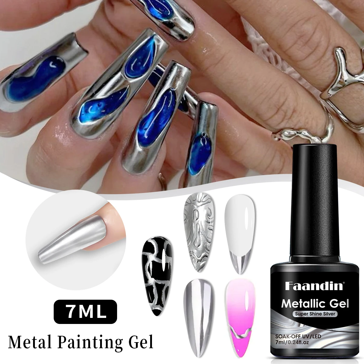 Faandin 0. 24oz*1 Flasche, Metallic-Spiegel-Nagellack, Metallic-Silber-Textur, einfarbig oder kombiniert mit anderen ist sehr edel, vollfarbig, kann mit verschiedenen Stilen kombiniert werden, stark